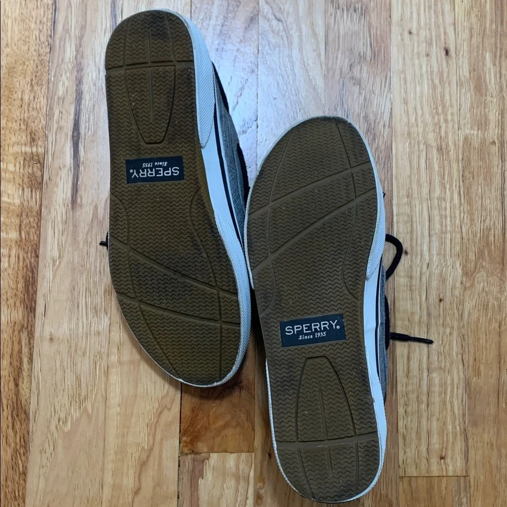 Sperry Gray Canvas Boat Shoes with Black Laces
